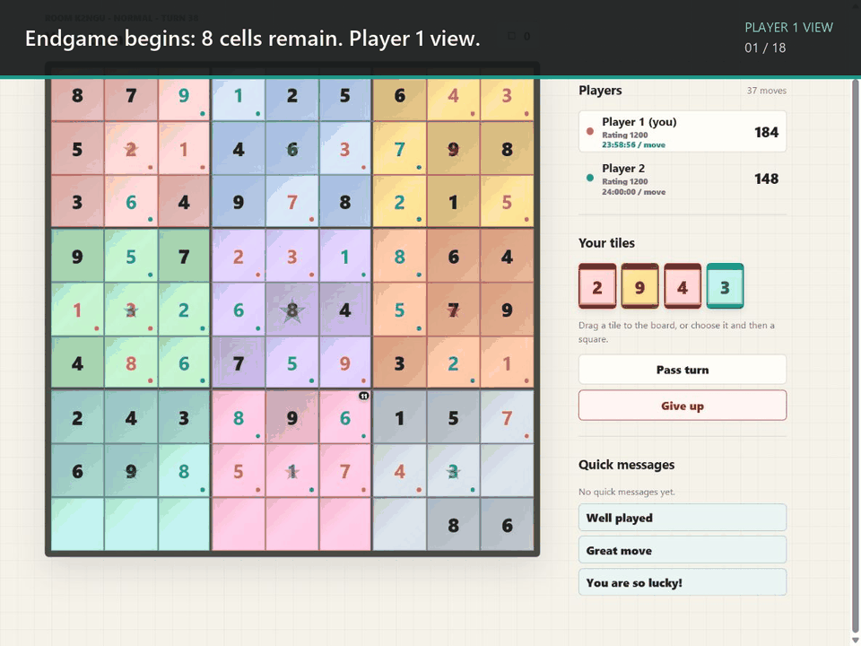 Two-player online SudokuTairitsu endgame from Player 1's view